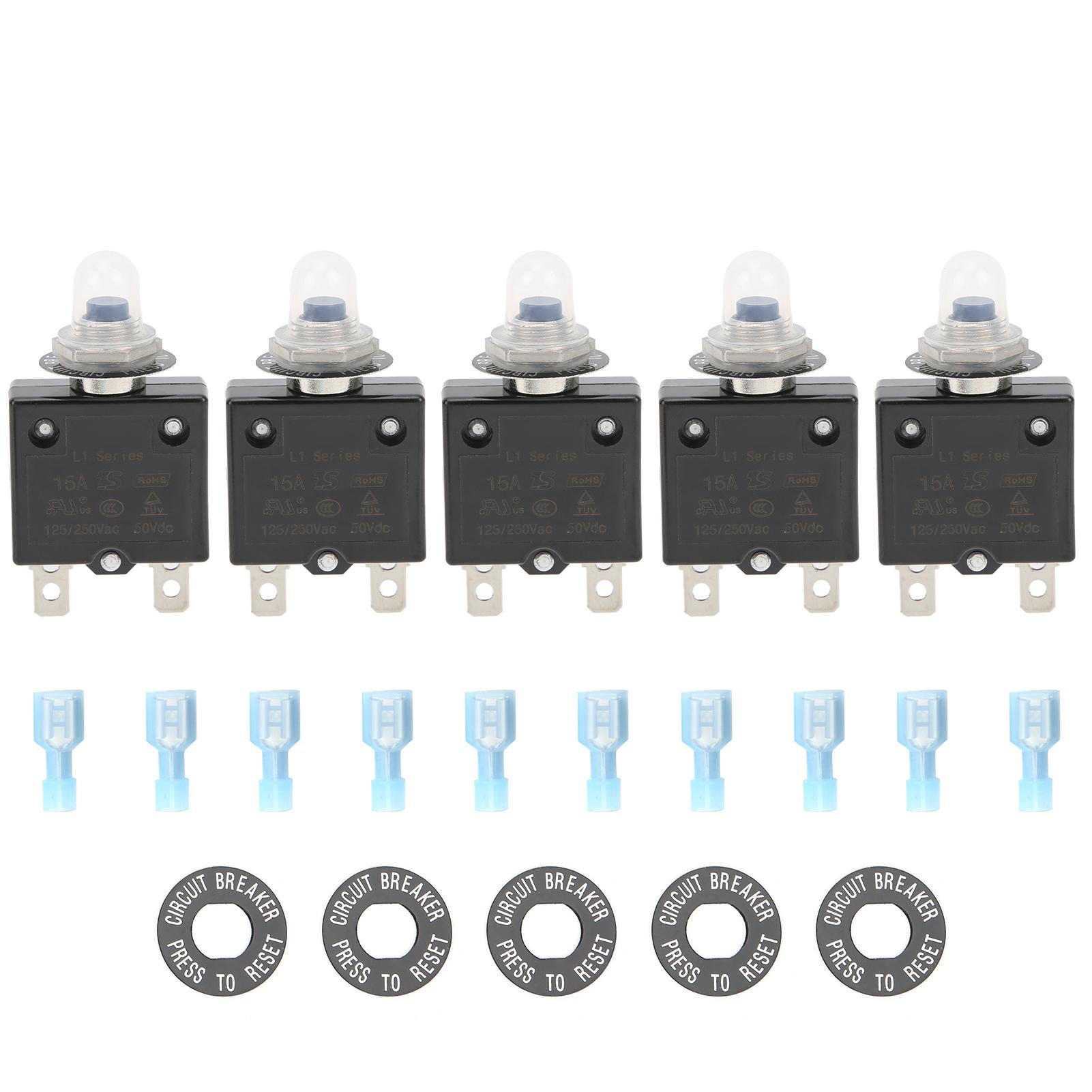 

22PCS 15Amp Thermal Circuit Breaker 125250VAC 50VDC with Quick Connect Terminal Waterproof Button