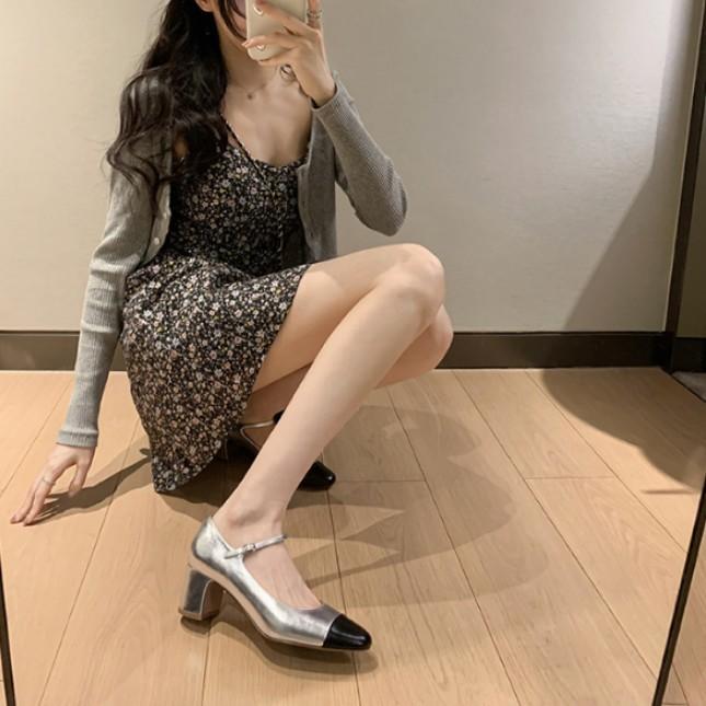 Grape mother Xiaoxiangfeng French high heels color matching patent leather soft sole medium heel thick heel shoes Mary Jane shoes women