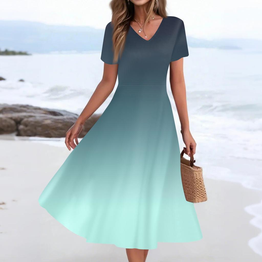 Women's Summer Casual Fashion Print Pocket Short Sleeve V-Neck Swing Dress