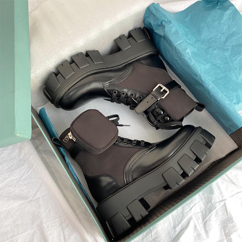 Damen Schwarze Punk Knöchel Dicksohlige Motorradstiefel Mode Schnürung Frühling Dicke Ferse Gürtelschnalle Tasche Designer Klobige Schuhe