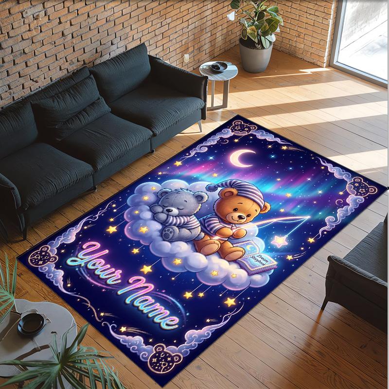 Teddy Bear Theme Crystal Velvet Rug Personalized Custom Name Text Soft Floor Mat Home Decor