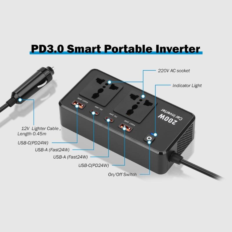 200W Car Power Inverter DC12V To AC220V with USB Ports for Tablets Laptops and Mobile Devices Long Drives Business Trips