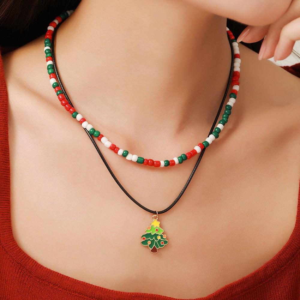 Snowflake Christmas Tree Santa Claus Pendant Chokers Women's Christmas Colorful Beads Necklace Collarbone Chain Xmas Gifts