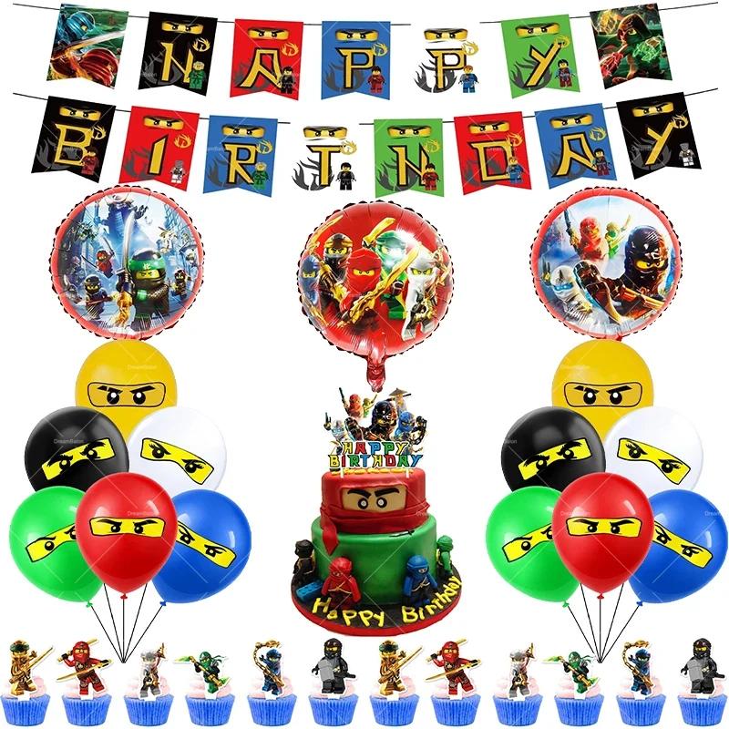 Ninjaed Go Balloons Happy Birthday Banner Legoed Party Decoration Supplies Backdrop Cake Topper Kids Spiral Disposable Tableware