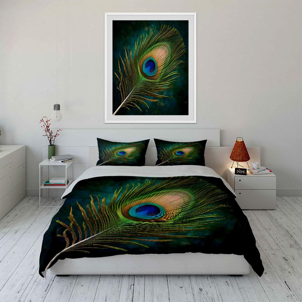 "Elegant Peacock Feather Set Décor" Kid's and Adults' Bedroom Decor, Exquisite Three-piece Bedding Set Gift
