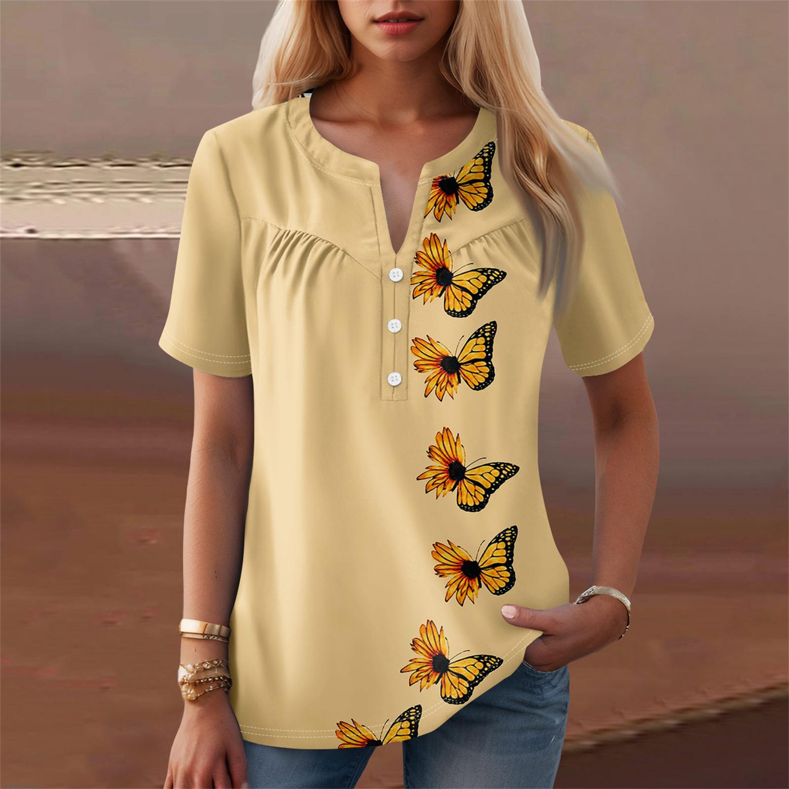 

Женская повседневная футболка с v-образным вырезом и коротким рукавом с цветочным принтом и декоративными пуговицами, топ XL бежевый