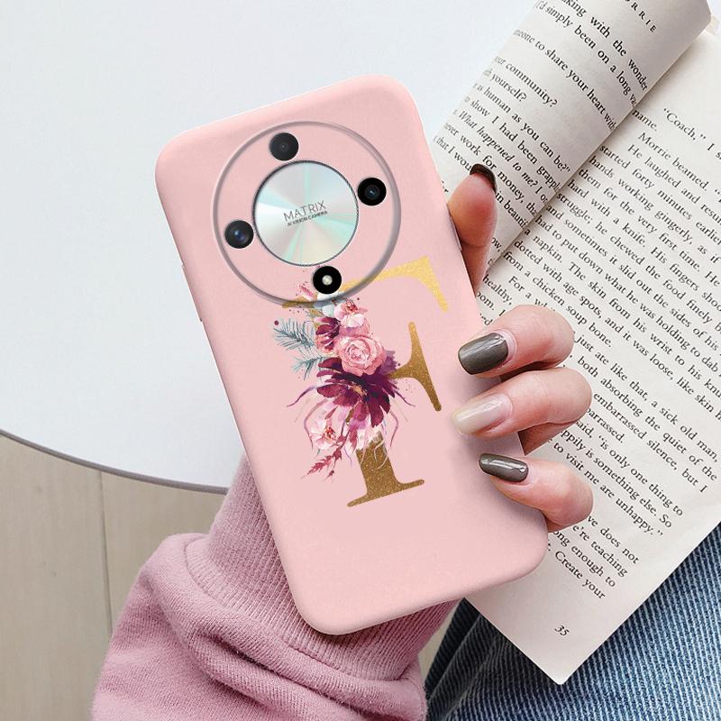 Buchstaben-Handyhülle für Honor X9b X9a Magic5 Lite Magic6 Lite 5G Hülle Retro-Blumen Rosa Schwarz Weiches TPU Initialen Silikon Fundas