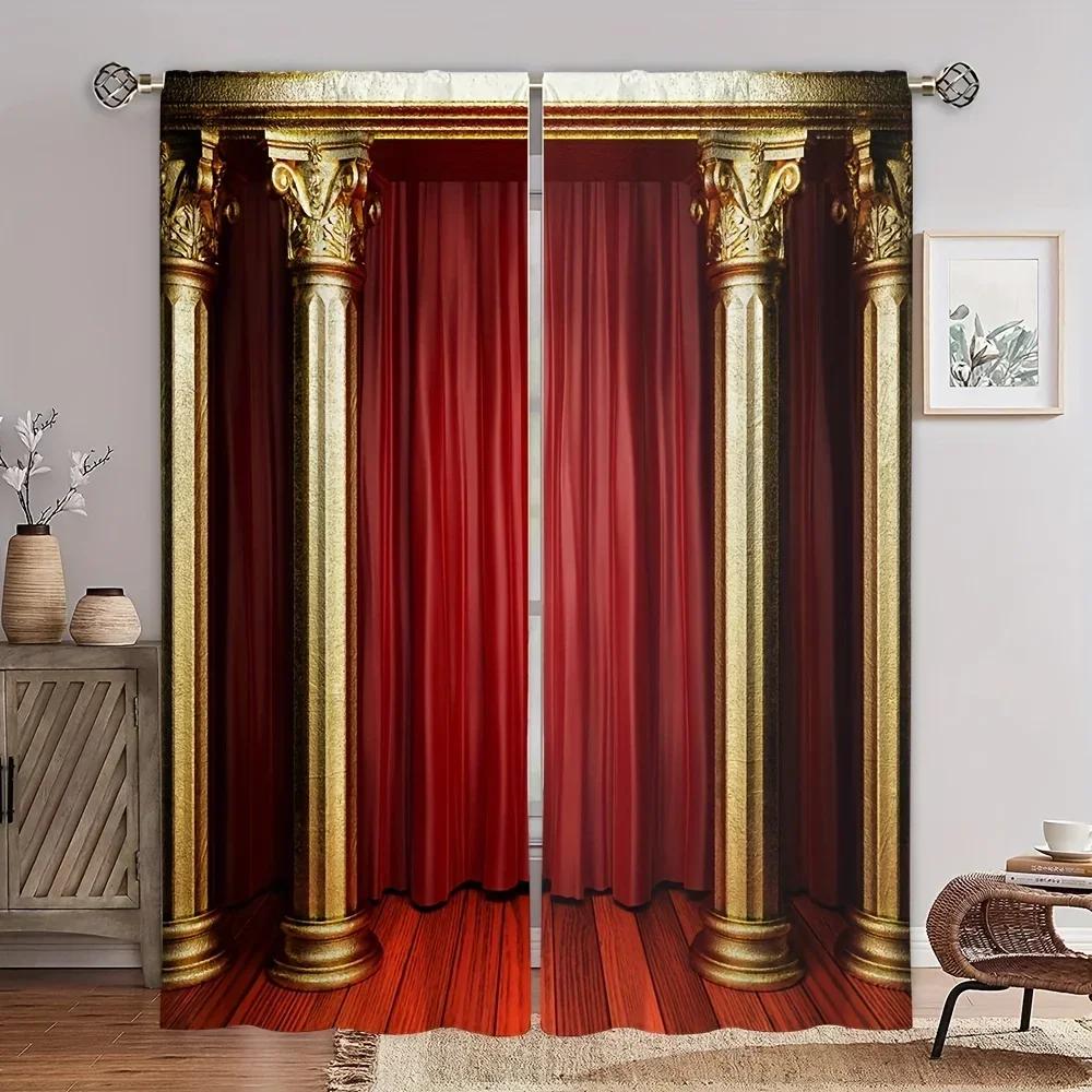3D 2pcs Golden Peacock Curtain Study Room Kitchen Living Room Rod Pocket Top Window Drap Bedroom Accessories Room Decor Home Dec