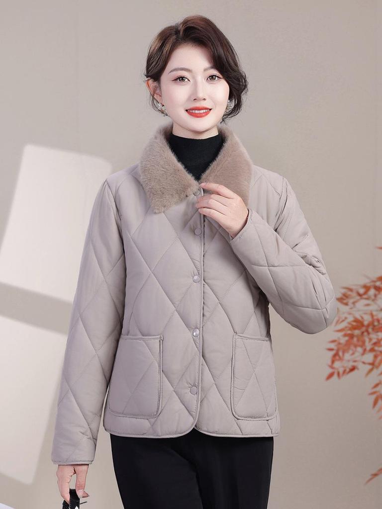 Warm Cotton Lapel Jacket with Fur Collar for Middle-aged & Elderly Women - Loose, Plus Velvet, Thickened Winter Outerwear