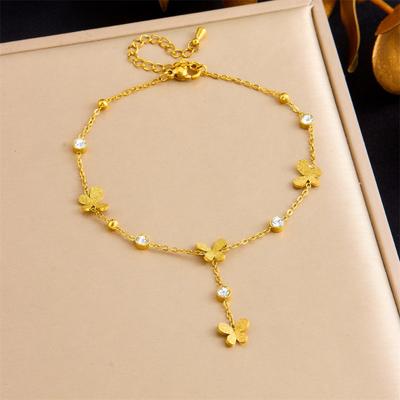 Gold Plated Butterfly CZ Anklet, Dainty Flower Charm Beaded Foot Bracelet with Lariat, Minimalist Beach Jewelry for Women Gift