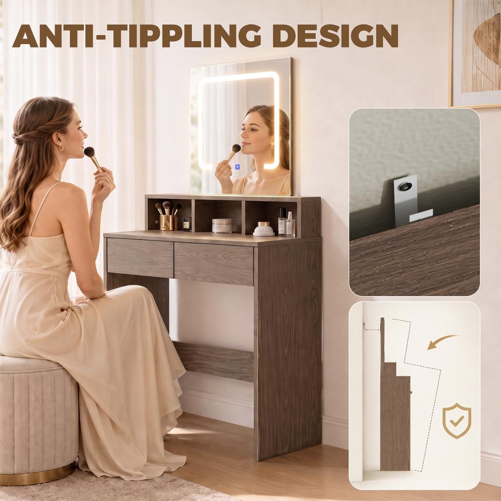 Vanity Table, Dressing Table with Mirror, LED Lights, 2 Drawers, 3 Compartments, 3 Colour Lighting, Walnut