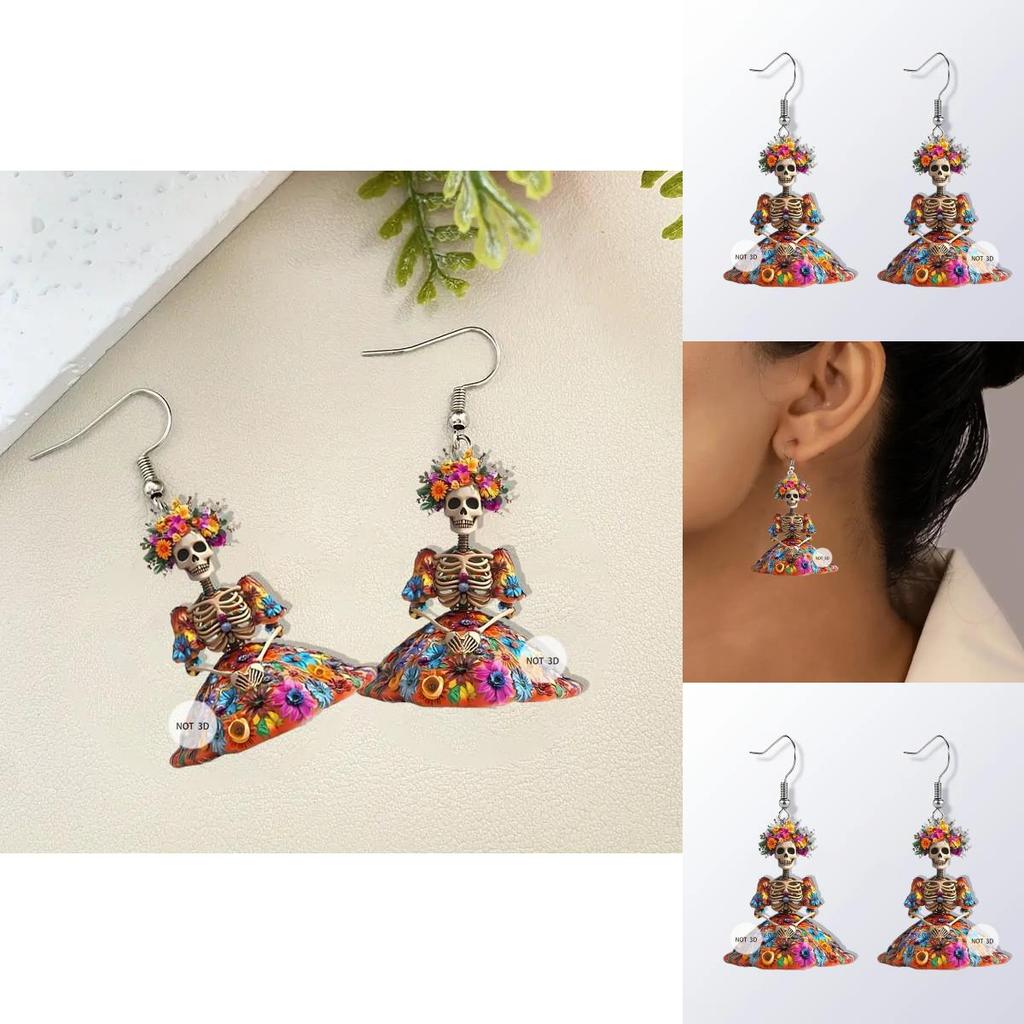 Halloween Flower And Skull Pattern Women Earrings For Party And Holiday Wear