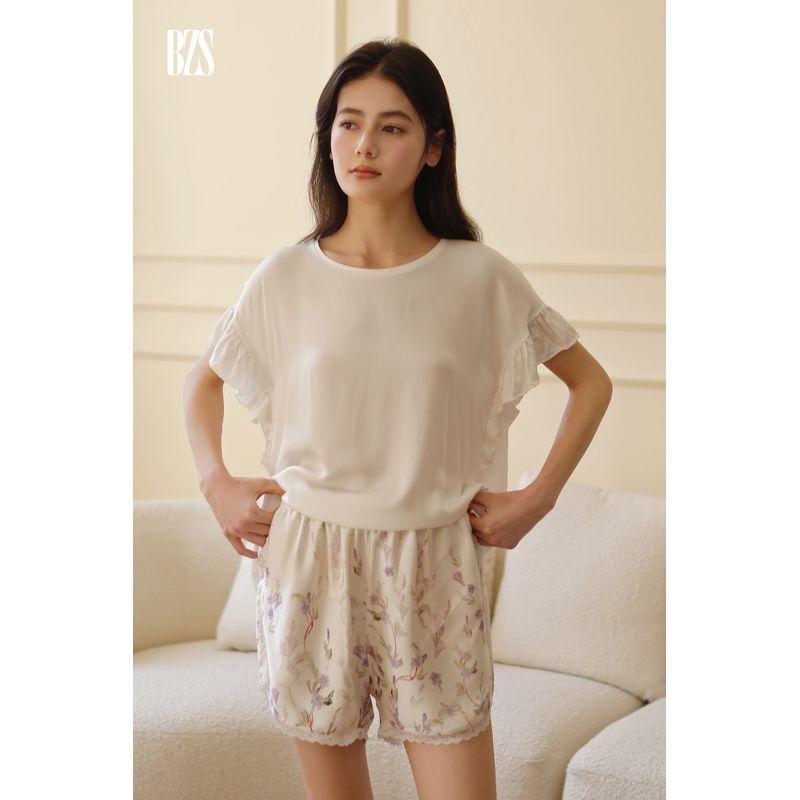 

White T Girl Two-piece Set Spring and Summer Fresh Print Lace Edge Home Shorts Multi-Color Home Blouse and Pants White Tops L [recommend 60.00 kg-67.50 kg]]