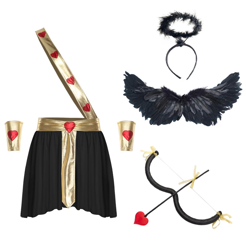Mens Cupid Angel Costume Contrast Color Heart Skirt Detachable Sleeves Wings Set