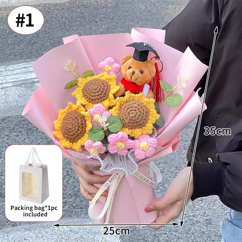Finished Crochet Flowers Bouquet Handmade SunFlower Bouquet Valentines Gift Wedding Decor Knitted Flower Bouquet with Gift Bag