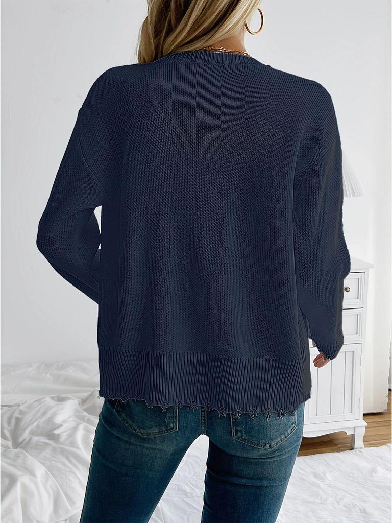2024 European & American Casual Pearl Round Neck Long Sleeve Black Cardigan Coat