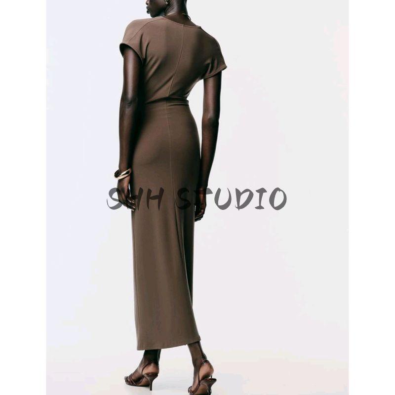 Autumn New Women's Clothing Draped Neckline Short Sleeve Silm Accessories Ruched Decoration Long Dress 1165461