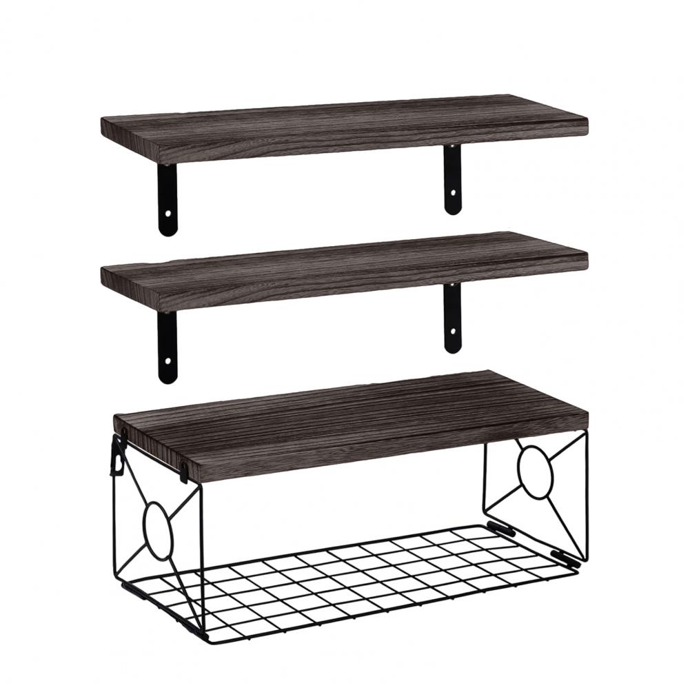 Wall Mounted Shelf Rustic Wooden Bathroom Wall Shelf with Metal Basket Over Toilet Floating Storage Organizer Rack for Home