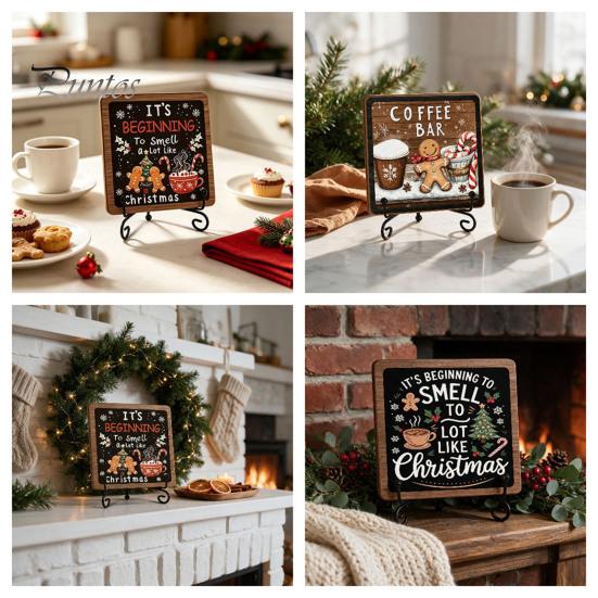 Christmas Hanging Ornament Wooden Tabletop Decor, 2D Pet Santa with Iron Stand, Rustic Festive Home Accents Holiday Sign for And Cafe Shelf,