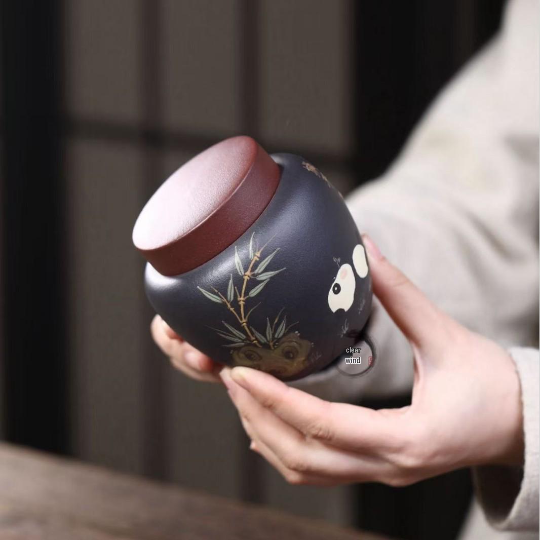 Исинская Цзыша Маленькая Изысканная Чайница-Панда - Контейнер для Хранения из Оригинальной Руды 12cm x 10cm x 10cm