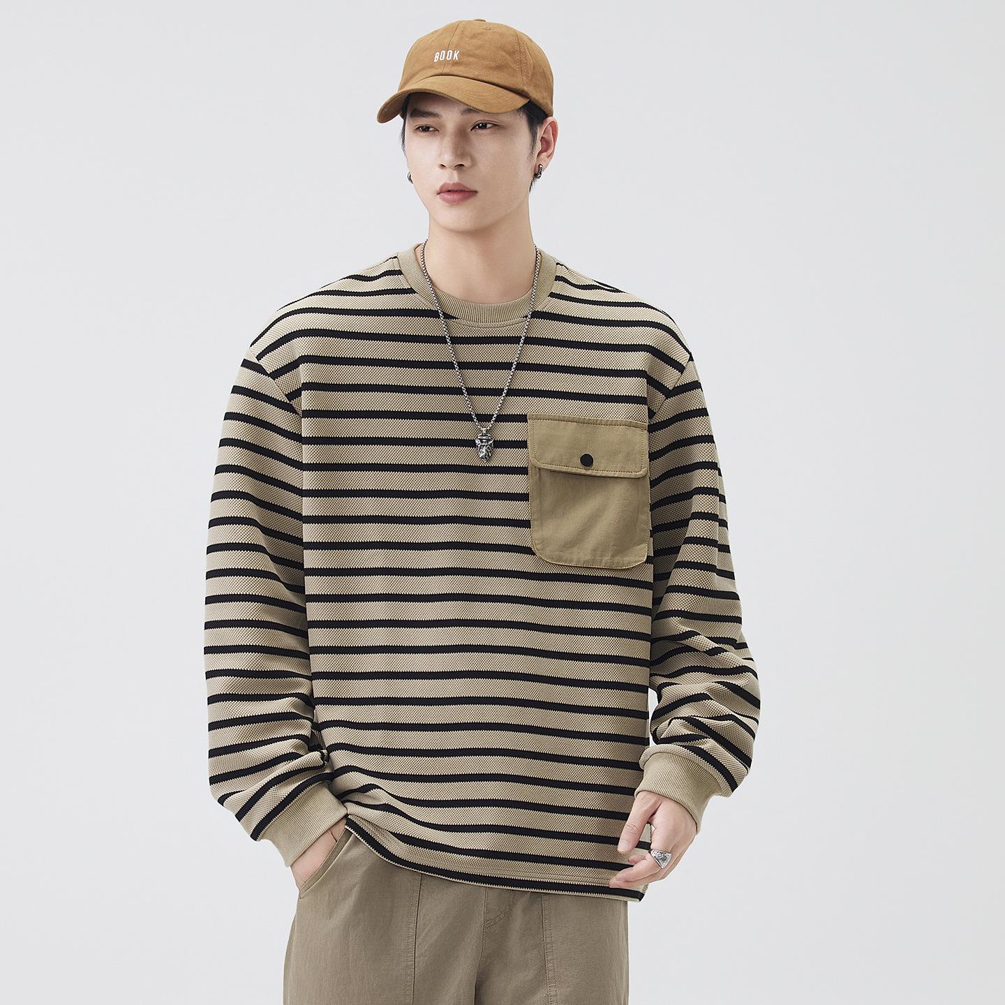 

Men s American Trendy Stripe Fleece-Lined Hoodie - Heavyweight Crewneck, Casual Loose Fit for Autumn/Winter 2XL