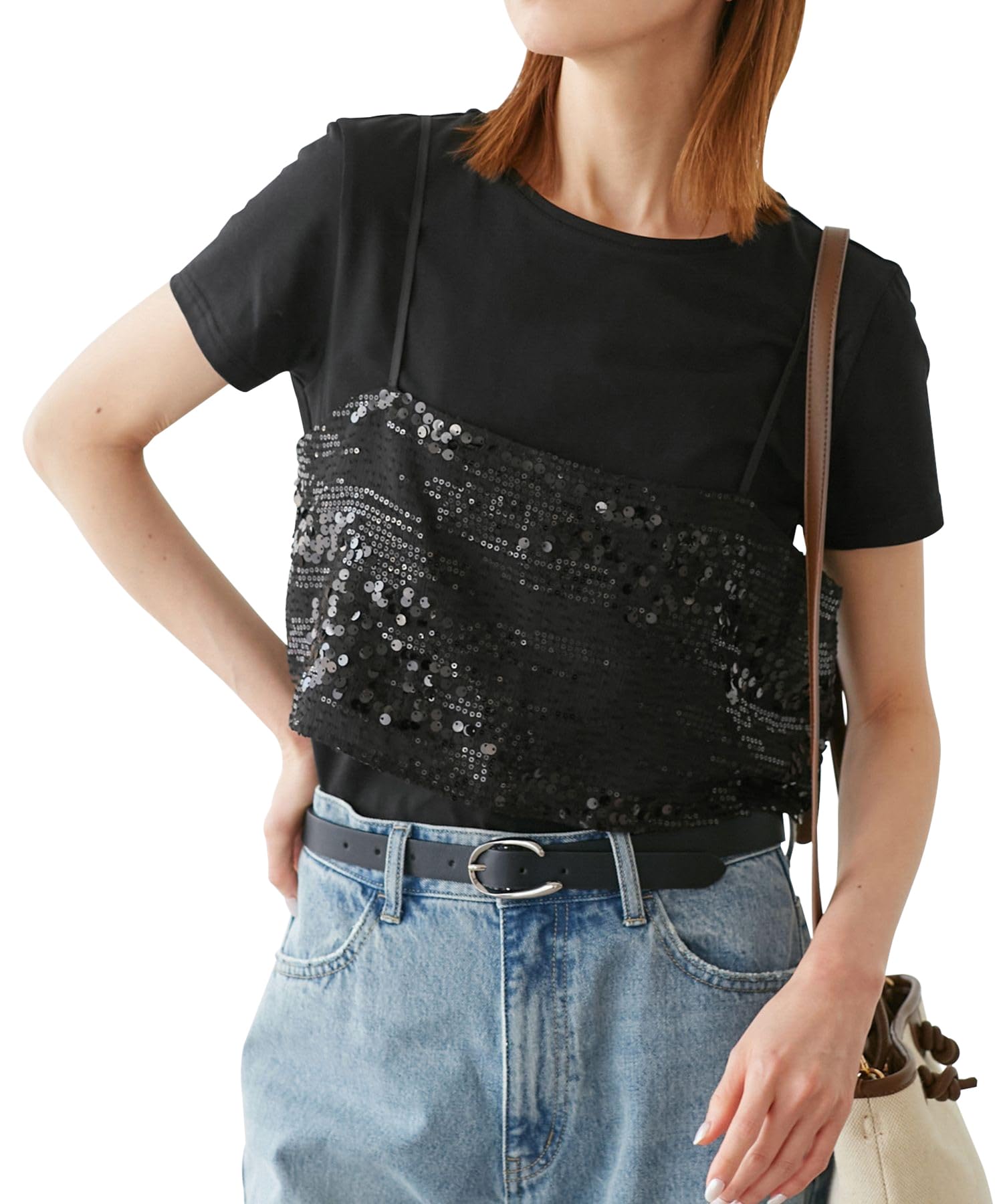 

[Rope Picnic] Sequin Bustier Cut-and-Sew Top, Black (01), Size 38