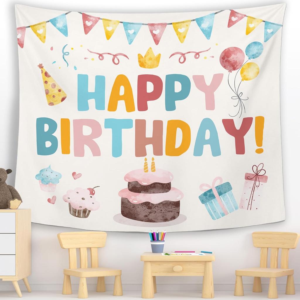 Happy Birthday Tapestry Wall Hanging Cute Party Decor Polyester Nursery Room Kids Celebration Backdrop Banner