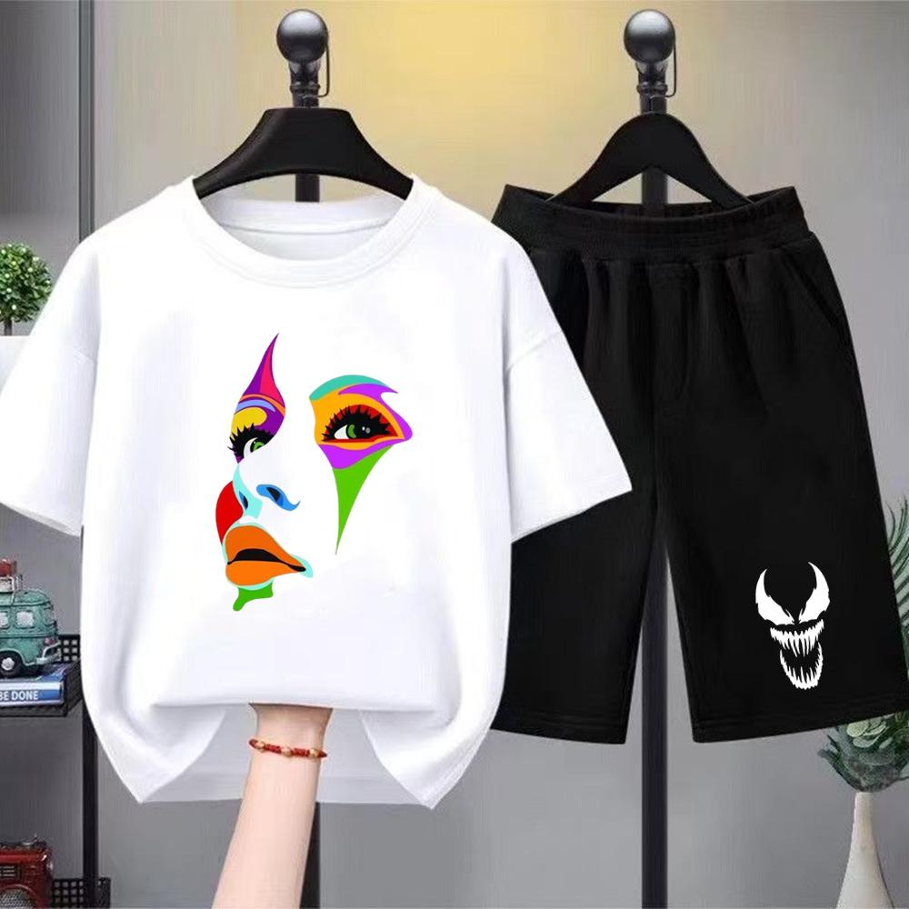 Hip Fashion Hop Trend Street Art Print Summer T-shirt+shorts Boy Black Girl Sets T-shirt kids Tops Casual Tees round neck-Neck