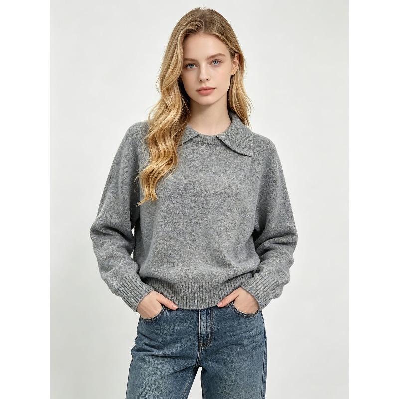 Autumn and winter lapel-neck knitted sweater women's loose shoulder-sleeved spliced lapel top