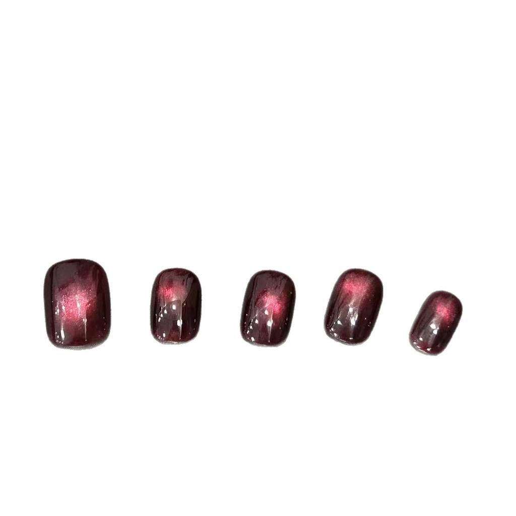 New Year Red Crystal Cat Eye Handmade Short Nail Art Stickers with Glass Beads - Bridal Style