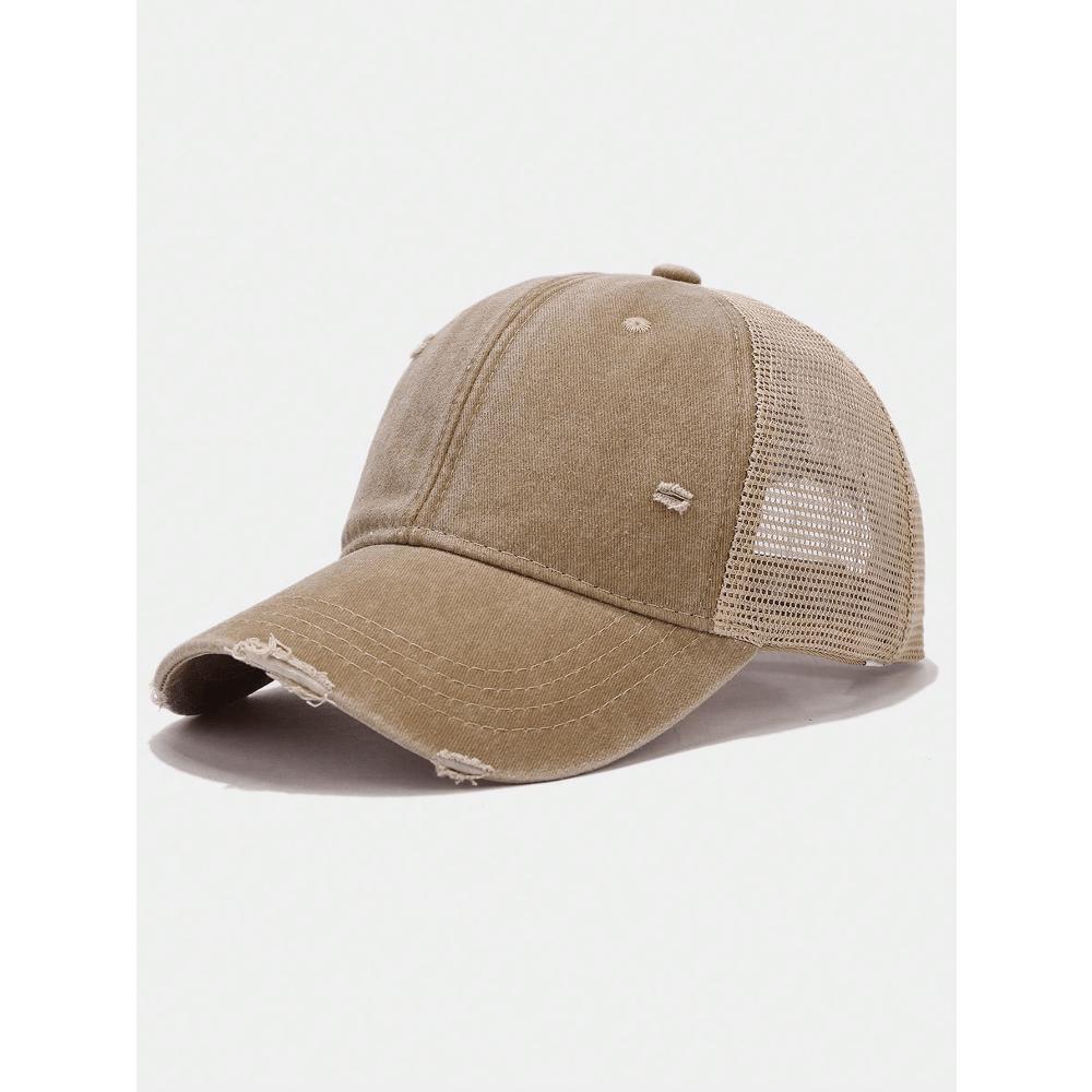 1pc Solid Distressed Perforated Mesh Washed Baseball Cap, Breathable Sun Protection Accessory For Spring/Summer