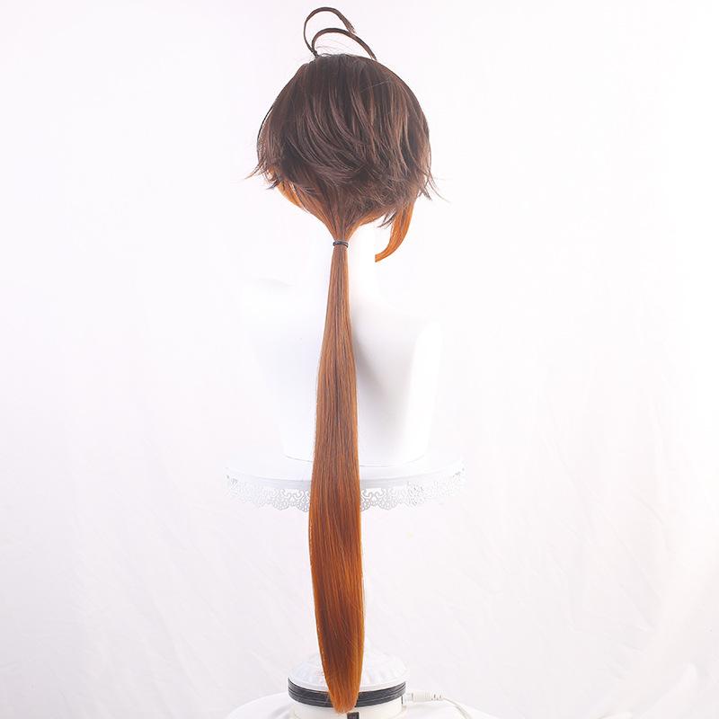 Anime Genshin Impact Zhongli Cosplay Long Ponytail Brown Orange Wig Anime Heat Resistant Hair Synthetic Cosplay Wig
