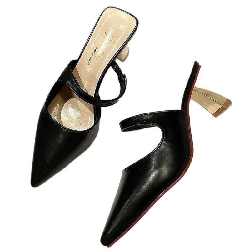 Mid-spring high heels pointed head lazy bag head half tray new ol comfortable thick heel cool slippers women's heel
