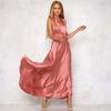 Women Summer Strap V Neck Backless Bandage Satin Solid Color Big Hem One Piece Dress