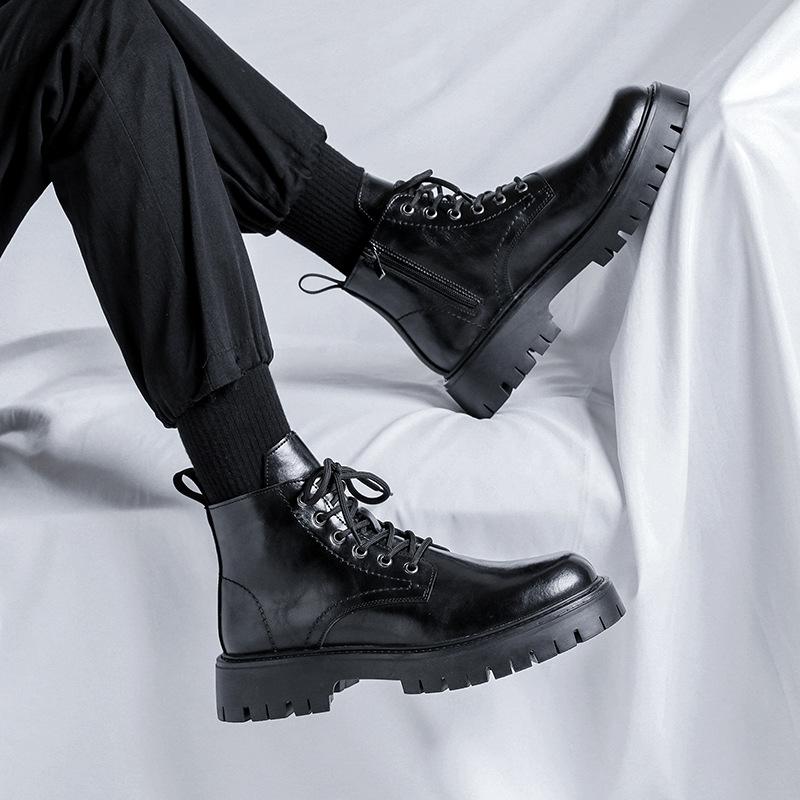 Martin Boots Herr Ny Casual Brittisk Trend Mångsidiga Tjocka Sulan Mellanhöga Svarta Lokomotivstövlar 6895-R