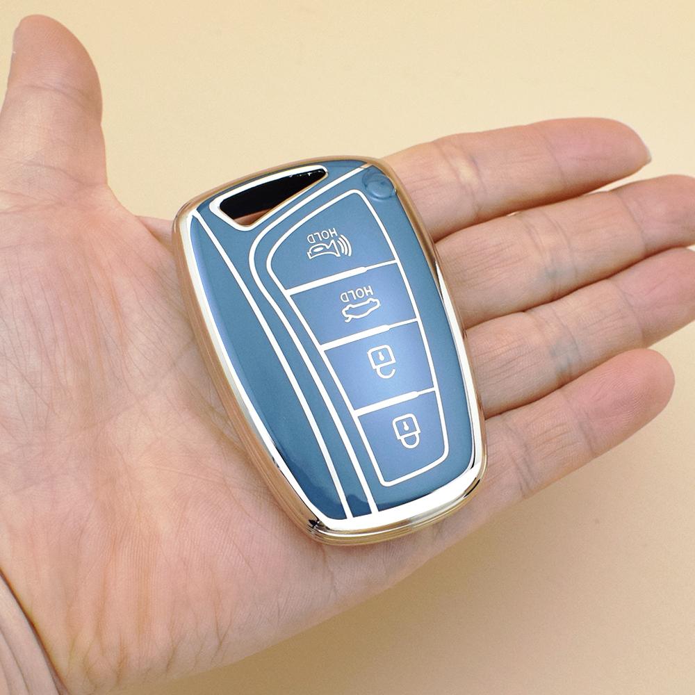 

Чехол для автомобильного ключа из ТПУ с золотым краем для Hyundai Ix45 Equus Centennial Santa Fe Sport Genesis G80 Grandeur Azera с 4 кнопками, держатель для брелока серый