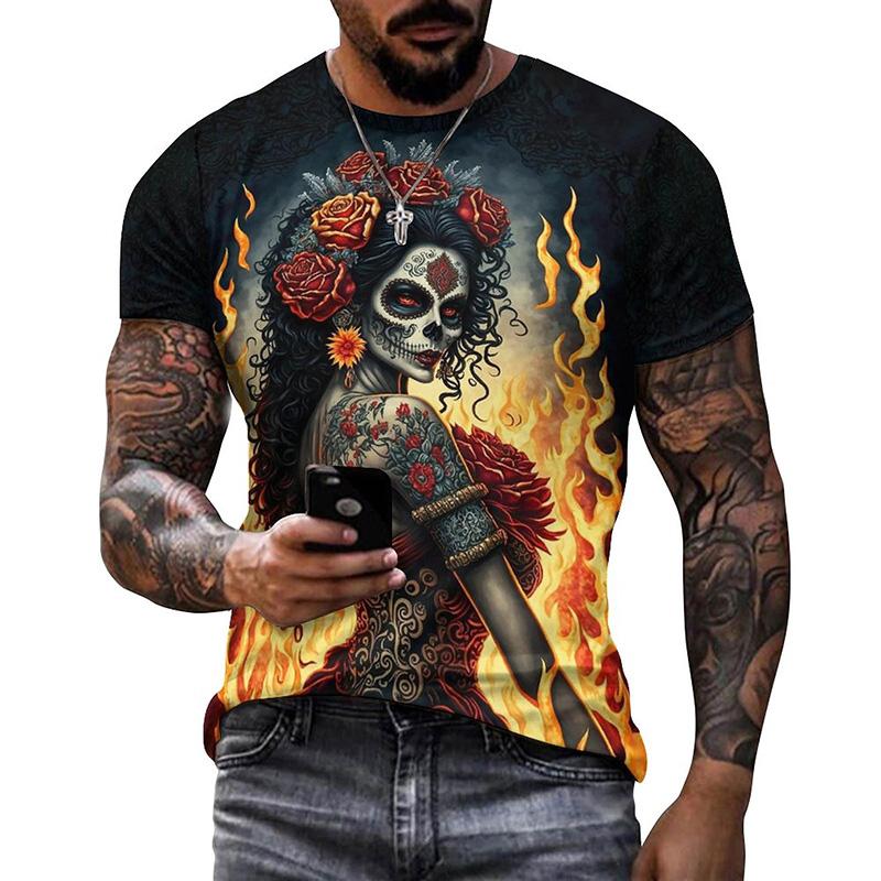 Summer Round Neck 3D Mexican Day of the Dead Skull Pattern Print Top Fashionable Casual Short Sleeved Men's T-shirts