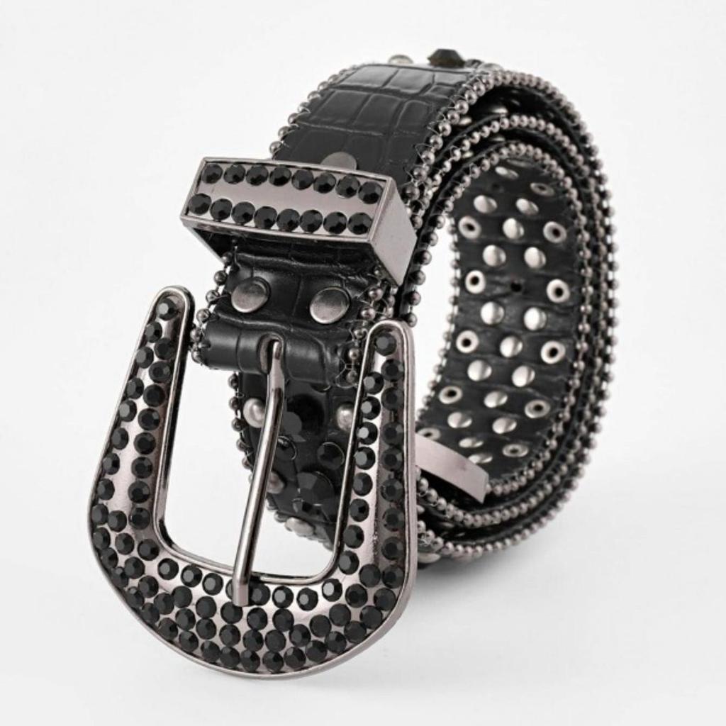 Punk Style Lychee Pattern Belt with Rhinestone-Inlaid Pin Buckle for Women