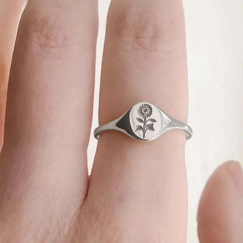 Simple Floral Niche Design Ring, Seal Sunflower Pattern Ring, Small Fresh Male And Female Index Finger Ring