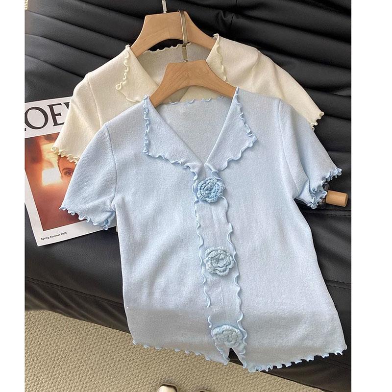 Ice Silk Knitted Sweater Women's Spring Summer New Slim Fit, Three-dimensional Flower Fungus Edge V-neck Short Sleeved T-shirt