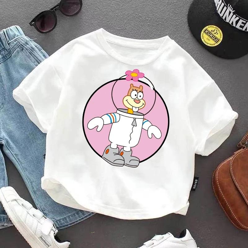 Shortsleeve Tshirt for Children of SpongeBobcotton Jersey with Anime Character Print Casual Summer Tshirts with Round Neck