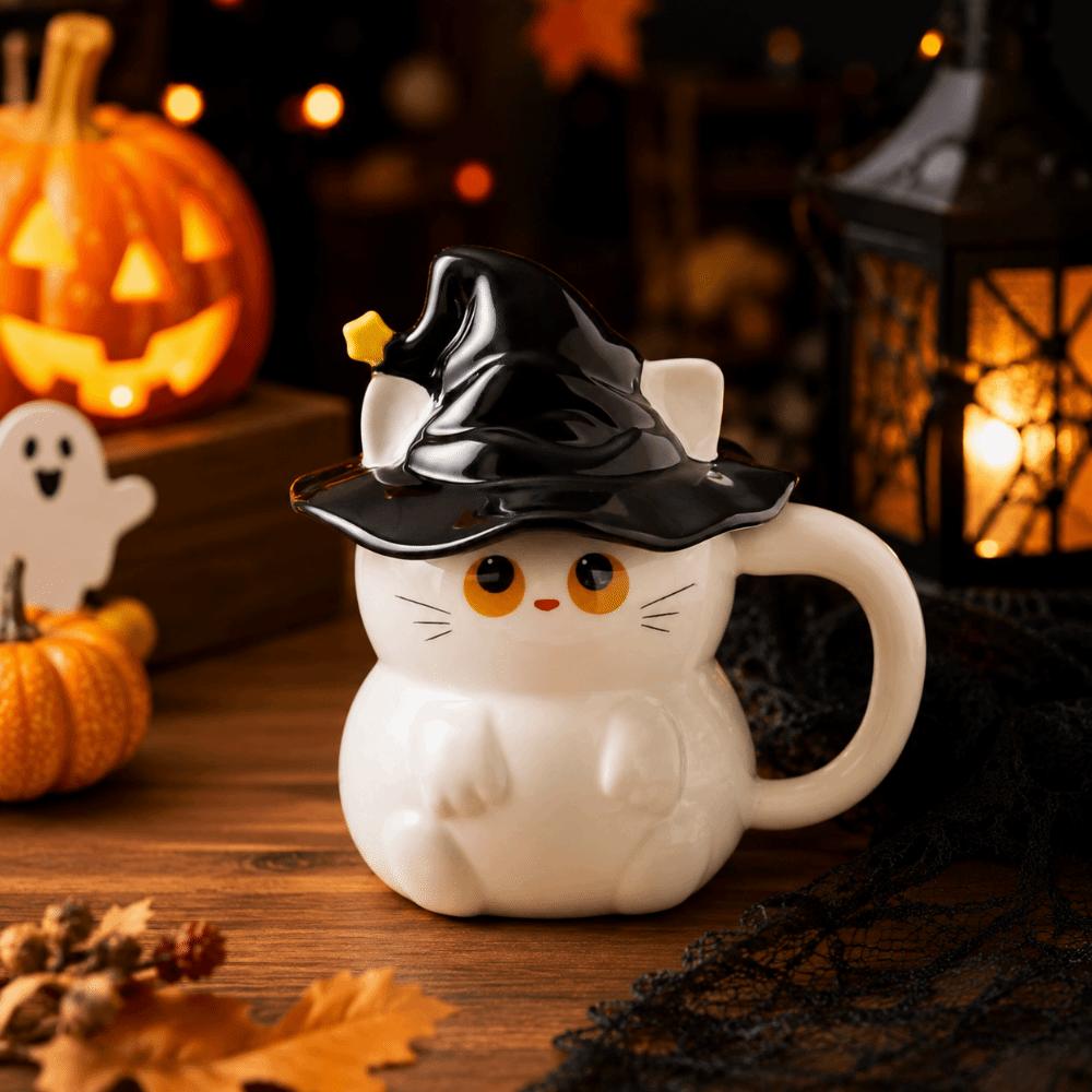 Unisex Creative Ceramic Ghost Cat Mug with Lid Cute Cartoon Cat Mug 450ml Milk Cup Breakfast Mug