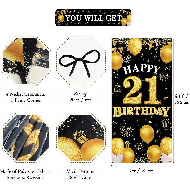 Happy 21st Birthday Decorations for Her Him, Black Gold 21 Birthday Banner Backdrop, Fabric Door Decor Yard Sign Photo Booth Props for Men and Women,