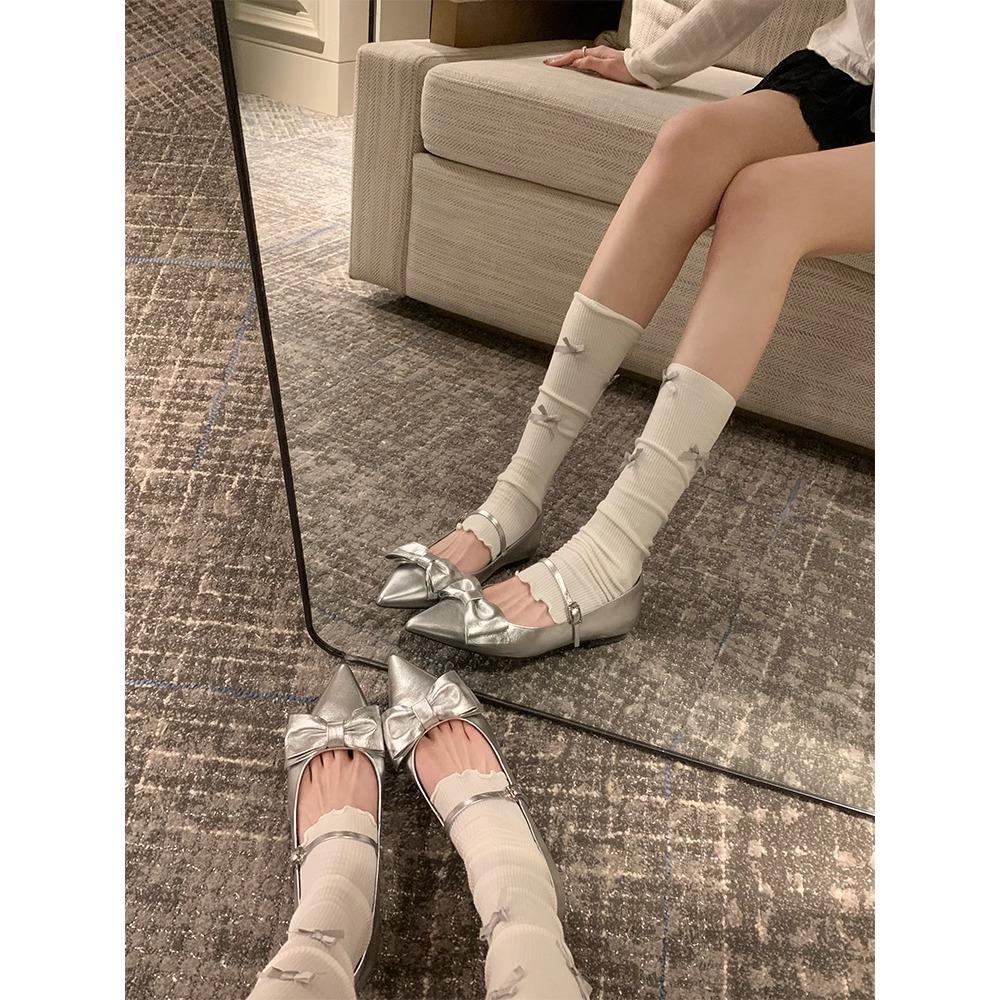 Cowhide Version~ Small Pointed Bow Flat Mary Jane Single Shoes Women's Commuter Wedding Shoes