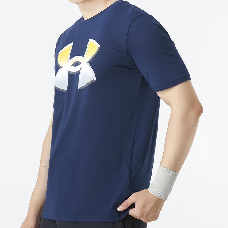 Under Armour Large Logo Print Casual Crew Neck Short Sleeve T-Shirt Men Tops Blue 1370520-408