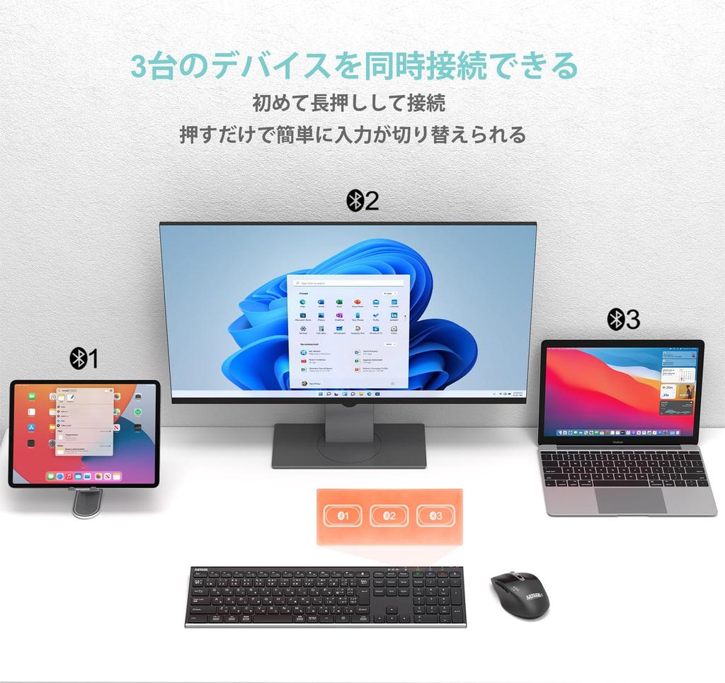 Arteck Bluetooth Japanese Stainless Compatible with Windows Tablet Rechargeable Can Be Used for 6 Months Keyboard, Layout, Multi-Device, Steel,