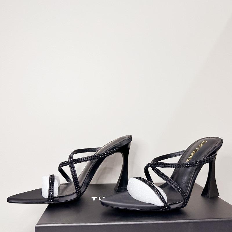 Fashion Luxury Rhinestone Satin Modern Heeled Sandal Women Sexy Open Toe Cross Tied Slide Sandal Fashion Pointed Toe Party Designer Shoe