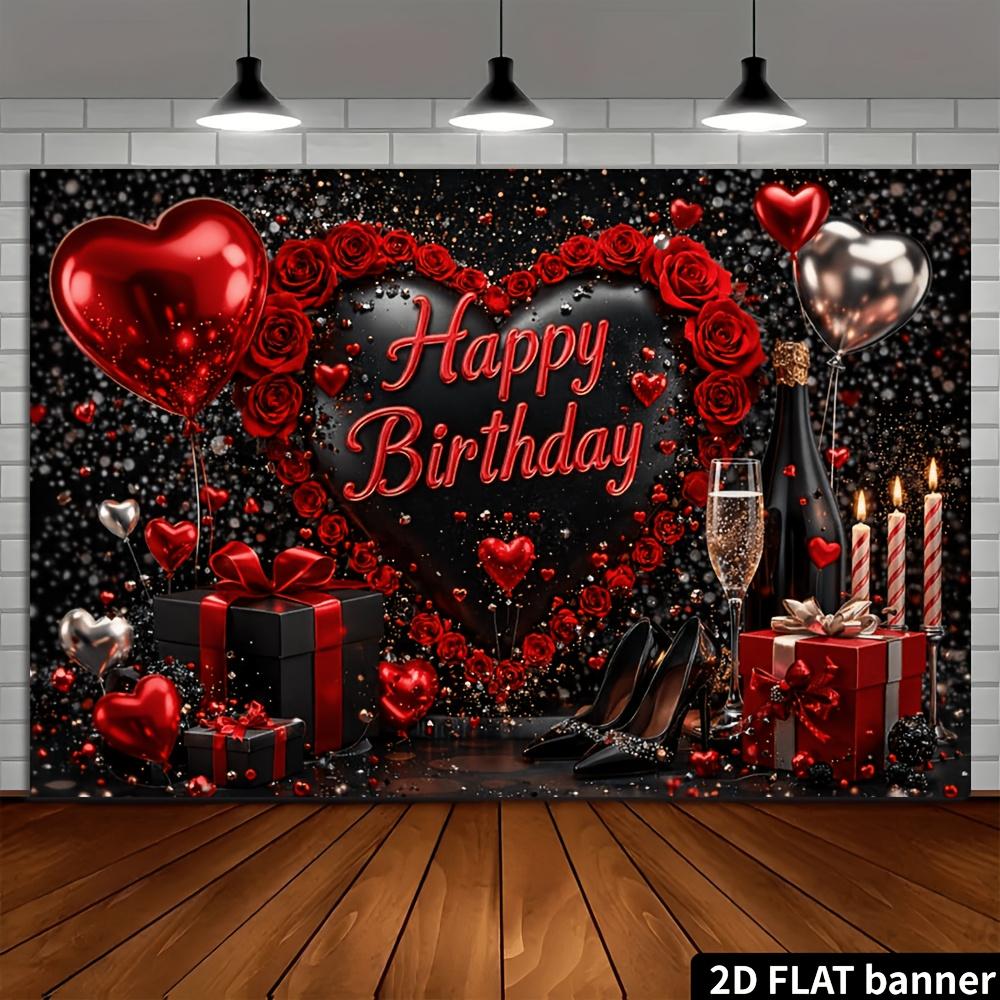2D flacher Geburtstagsbanner-Hintergrund mit Geburtstagsthema, umgeben von roten Rosen