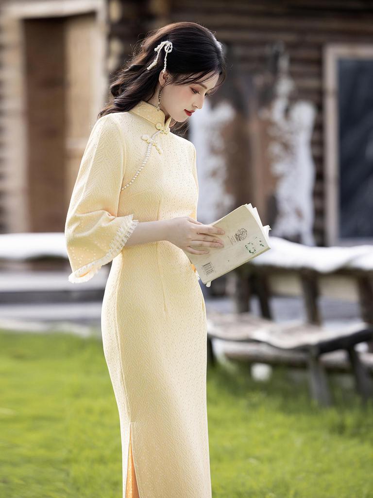 Elegant Yellow Pearwood Cheongsam - Spring/Autumn 2025 Collection, Long Sleeve, National Style
