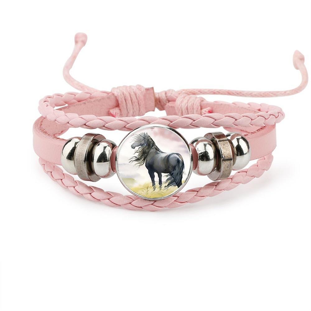 Bracciale in Pelle Intrecciata Multistrato con Motivo Animale Cavallo e Cabochon in Vetro Resina Gioielleria